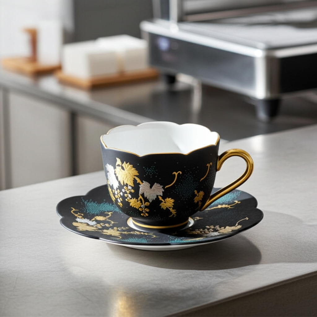 KINGYOKU NAKADA KUTANI JAPANESE COFFEE CUP & SAUCER PLATINUM DECORATION – GRAPE DESIGN WITH BLUE BEADS