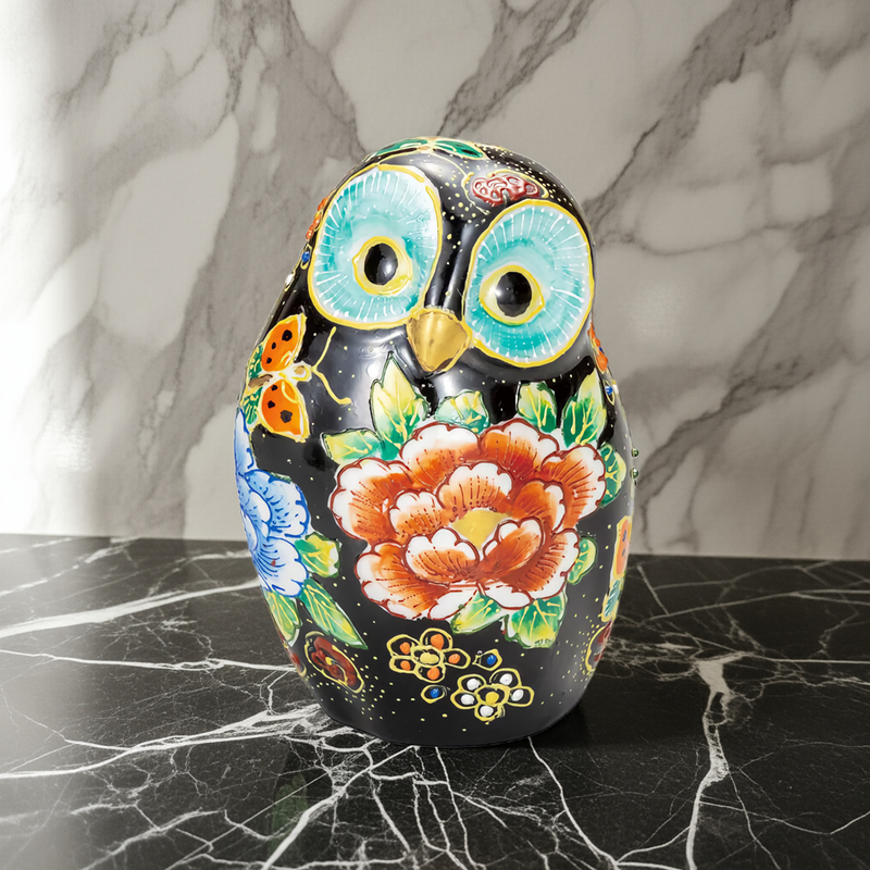 JAPANESE KUTANI PORCELAIN OWL FIGURINE – PEONY DESIGN
