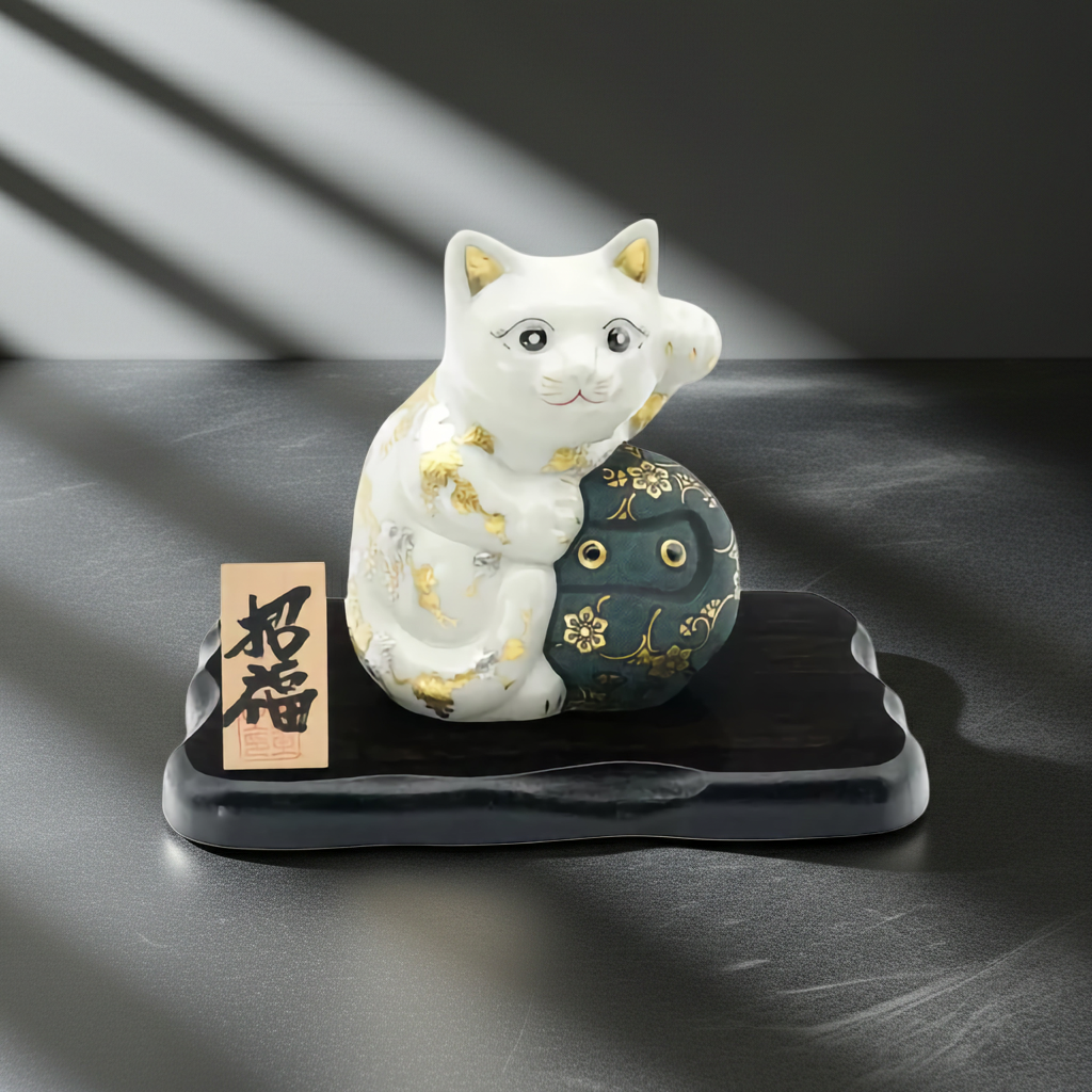 KUTANI DARUMA BECKONING CAT (LEFT HAND BECKONING CUSTOMERS) – SWIRL PATTERN WITH BLUE BEAD EMBELLISHMENT AND GILDED TREASURES ARABESQUE, WHITE AND PLATINUM GRAPE MOTIF WITH WHITE BEAD EMBELLISHMENT/KINGYOKU NAKADA