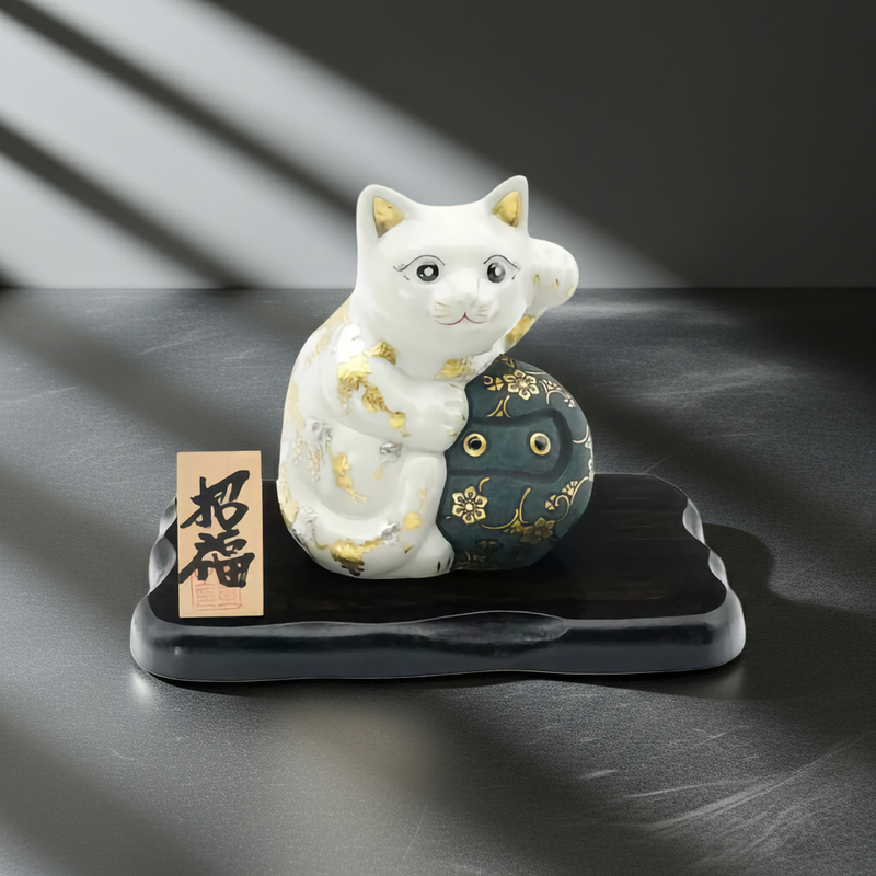 KUTANI DARUMA BECKONING CAT (LEFT HAND BECKONING CUSTOMERS) – SWIRL PATTERN WITH BLUE BEAD EMBELLISHMENT AND GILDED TREASURES ARABESQUE, WHITE AND PLATINUM GRAPE MOTIF WITH WHITE BEAD EMBELLISHMENT/KINGYOKU NAKADA