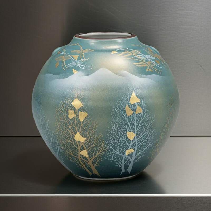 KUTANI WARE FLOWER VASE “WOODED MOUNTAIN RANGE” – JAPANESE PORCELAIN ART WITH GIFT BOX