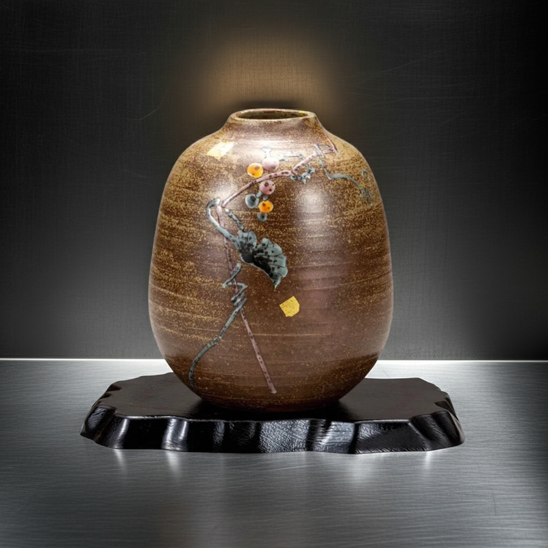 KUTANI WARE VASE WITH STAND – HAND-PAINTED JAPANESE PORCELAIN ‘WILD GRAPE’ DESIGN BY YOSHINORI FUKUDA