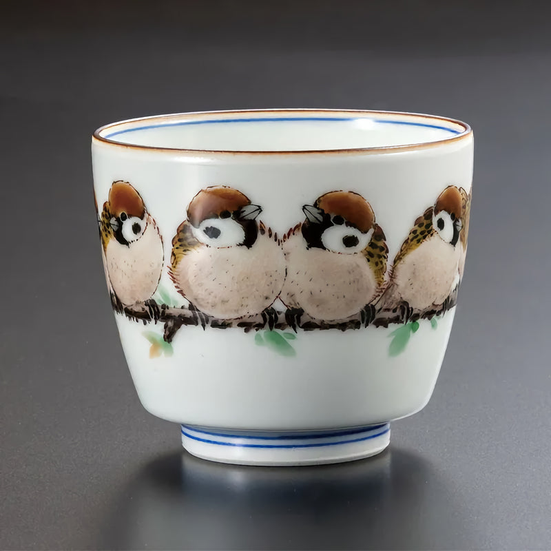 JAPANESE KUTANI GUINOMI SAKE CUP – SPARROWS IN FLIGHT MOTIF, HAND-PAINTED BY TOSHITO NAKAMURA