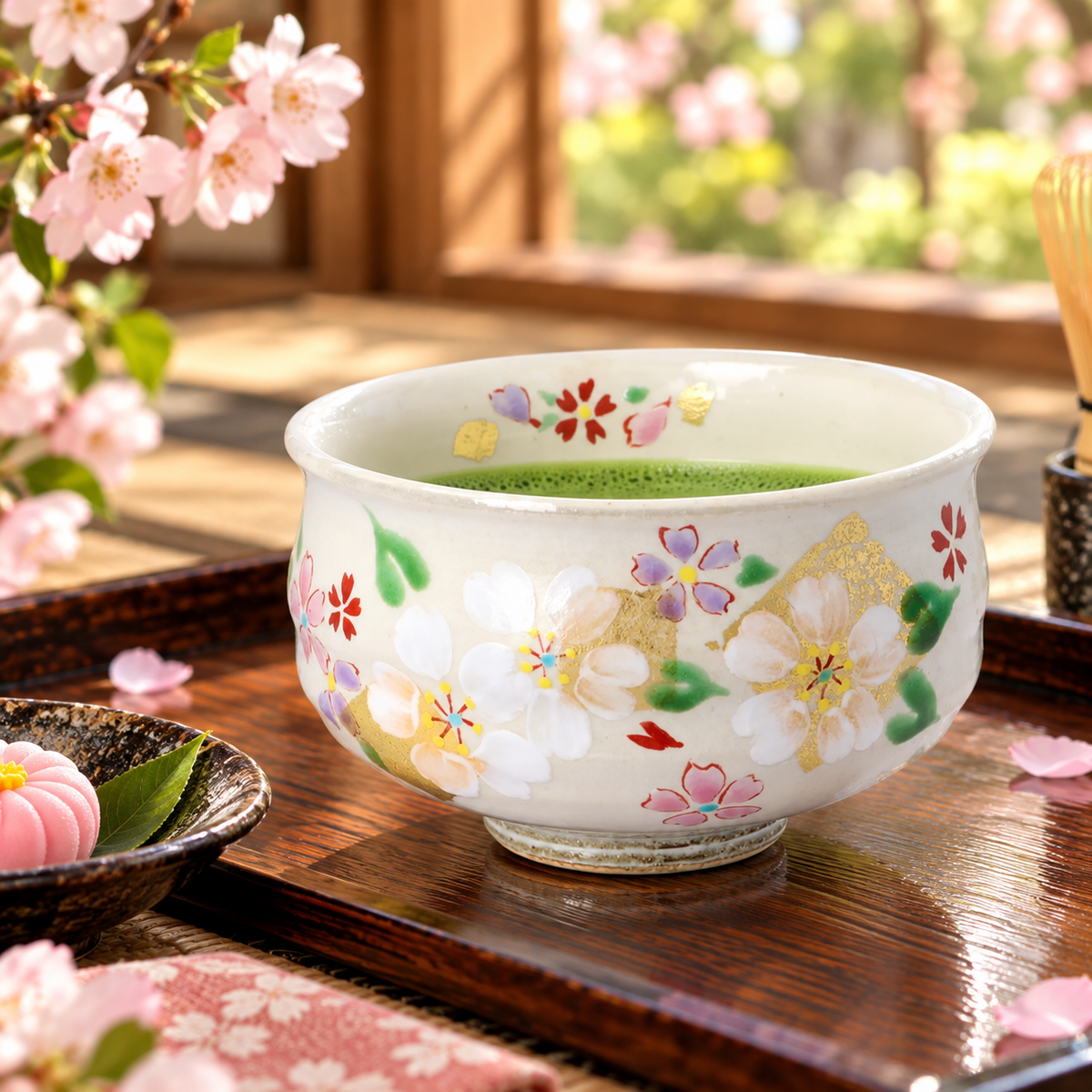 KUTANI WARE MATCHA BOWL – GOLD LEAF SAKURA (CHERRY BLOSSOMS) / KOKUZOU KILN