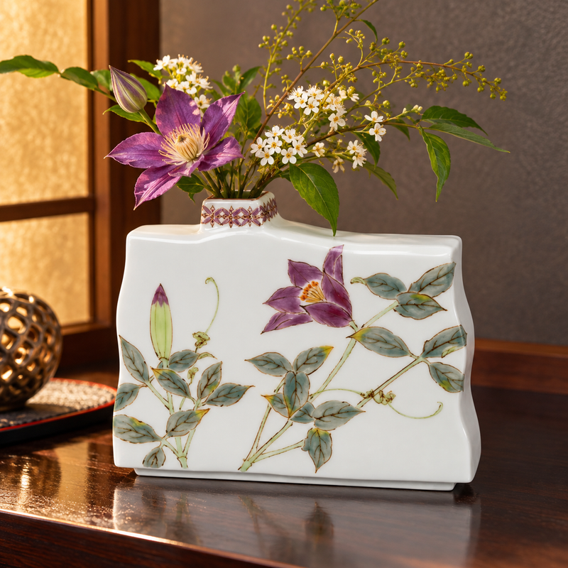 KUTANI WARE SINGLE-STEM VASE – “TESSEN” (CLEMATIS) / YUKA HIRANO