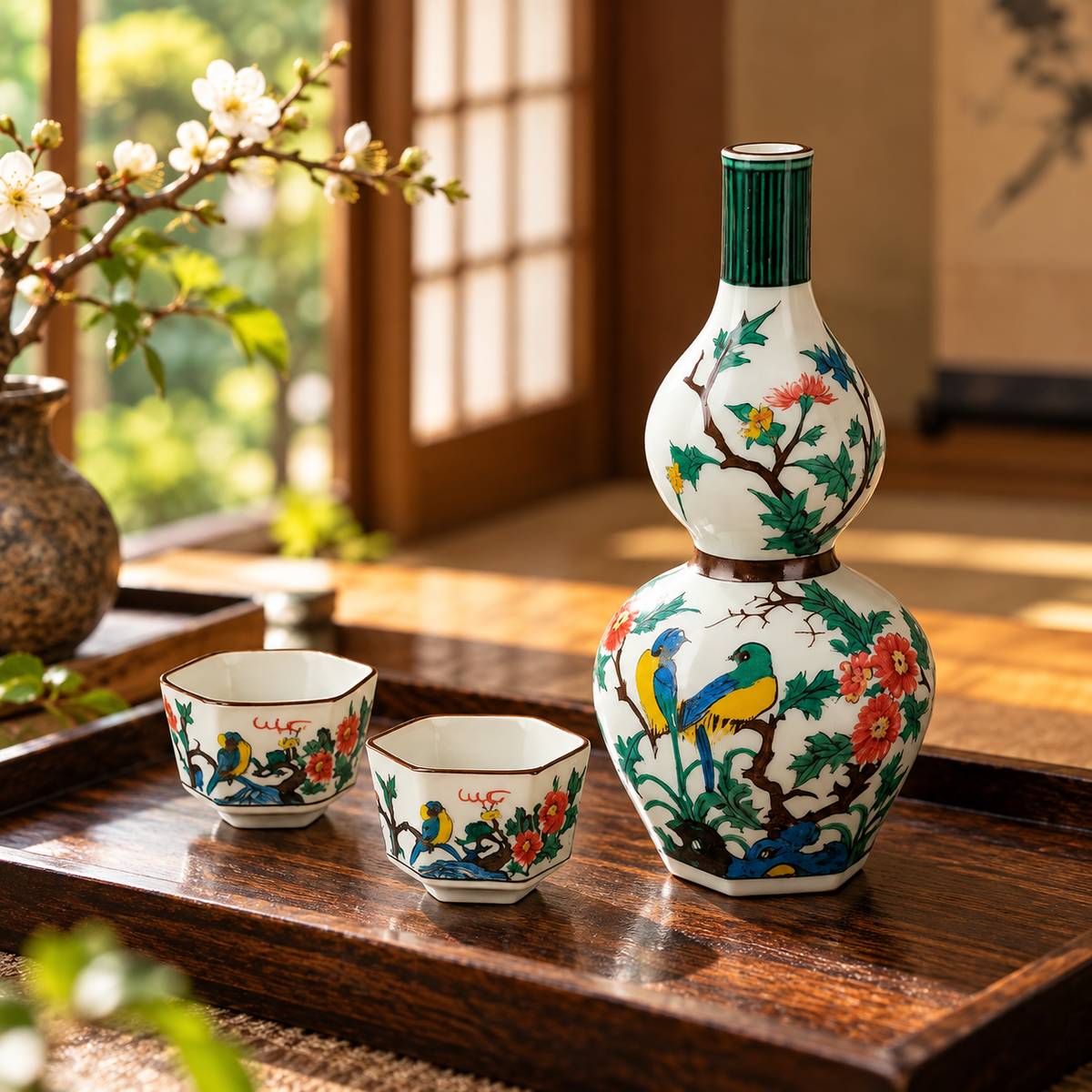 KUTANI JAPANESE SAKE SET KO-KUTANI STYLE FLOWERS AND BIRDS