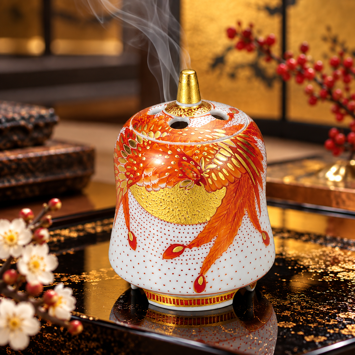 KUTANI WARE INCENSE BURNER - AKAE PHOENIX DESIGN / YOSHINORI FUKUDA