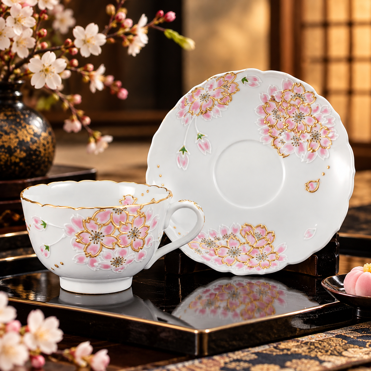JAPANESE KUTANI WARE CUP & SAUCER – SAKURA CHERRY BLOSSOM DESIGN / SHIHO AIKAWA