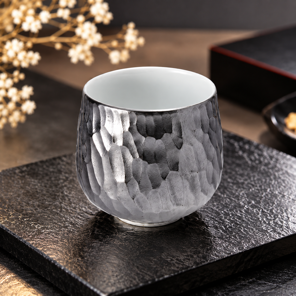 ARITA WARE ANTIQUE FINISH PURE SILVER HAMMERED “RINSEN” SENCHA TEA CUP / RISO KILN