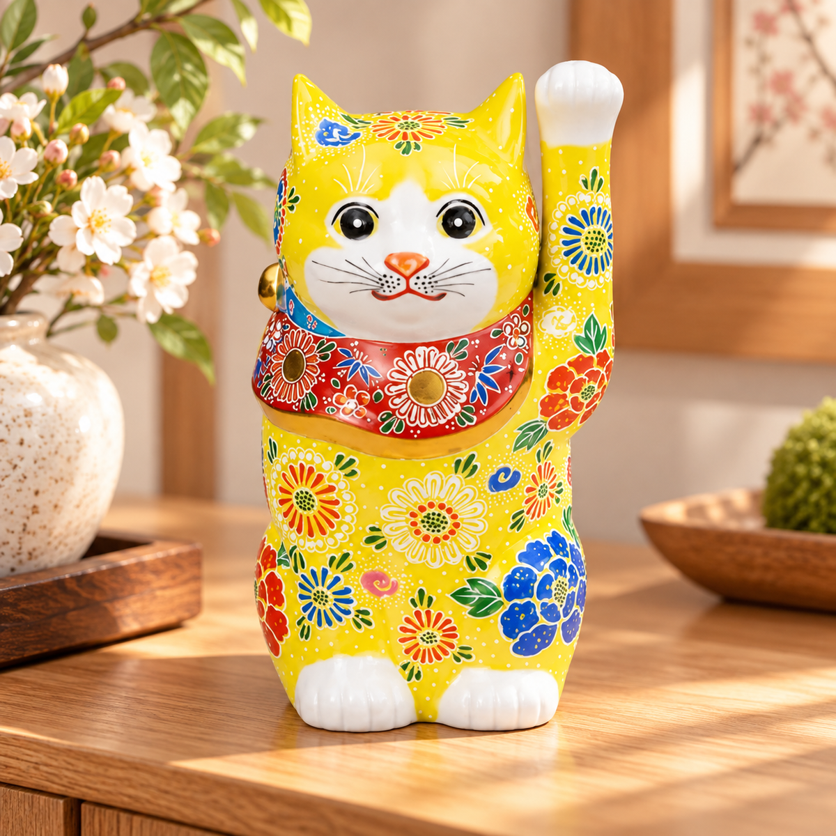 KUTANI WARE LUCKY CAT – YELLOW MORI (RAISED ENAMEL DECORATION)