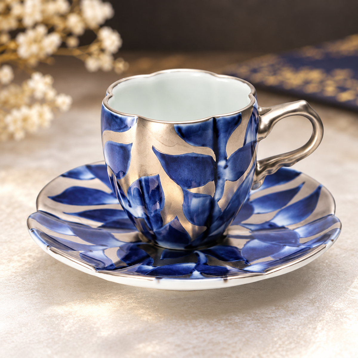 ARITA WARE GOURD-SHAPED COFFEE CUP & SAUCER “SOMENISHIKI GINSAI LEAF