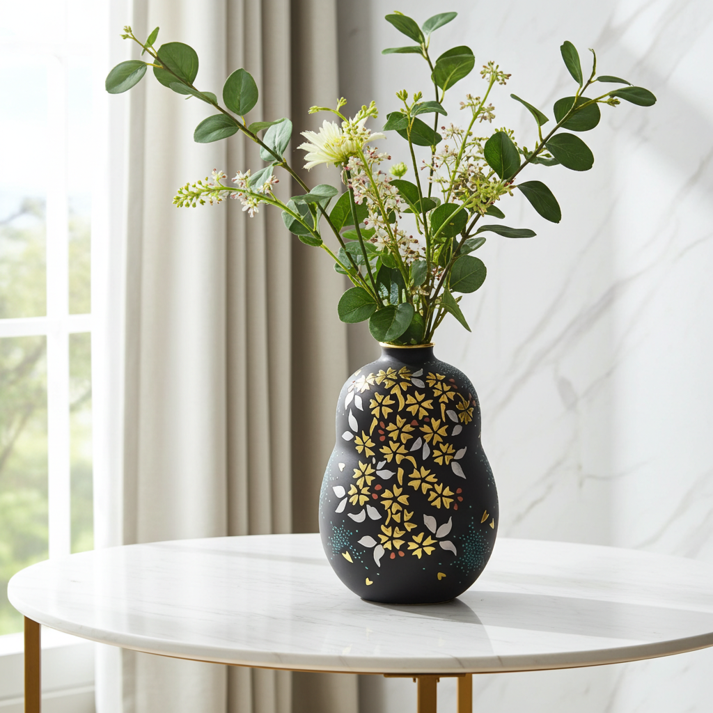 KUTANI WARE FLOWER VASE – SHIROKIN-MORI WEEPING CHERRY BLOSSOMS WITH AO-CHIBU BY KINGYOKU NAKATA