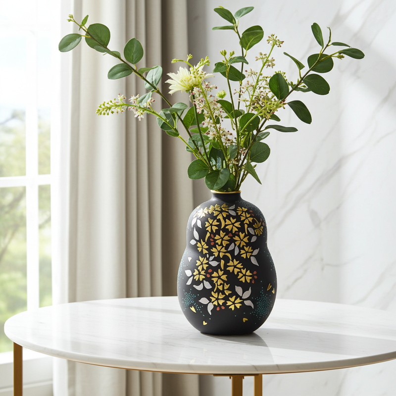 KUTANI WARE FLOWER VASE – SHIROKIN-MORI WEEPING CHERRY BLOSSOMS WITH AO-CHIBU BY KINGYOKU NAKATA