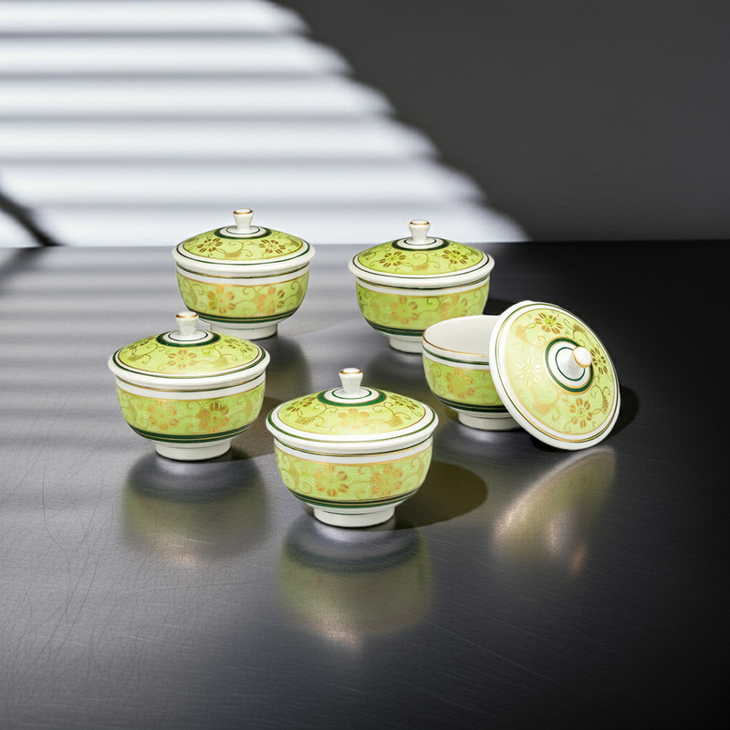 KUTANI WARE LIDDED TEA CUP SET – SHIROCHIBU TESSEN GREEN (GIFT BOXED)