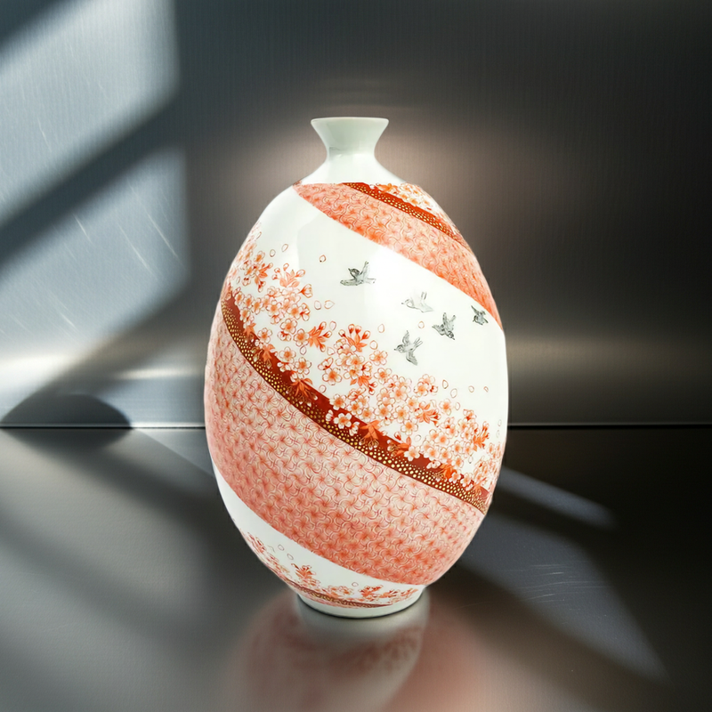 <LIMITED EDITION> KUTANI WARE 9.5-INCH FLOWER VASE – “SAKURA MAI” (DANCING CHERRY BLOSSOMS) BY BUZAN FUKUSHIMA