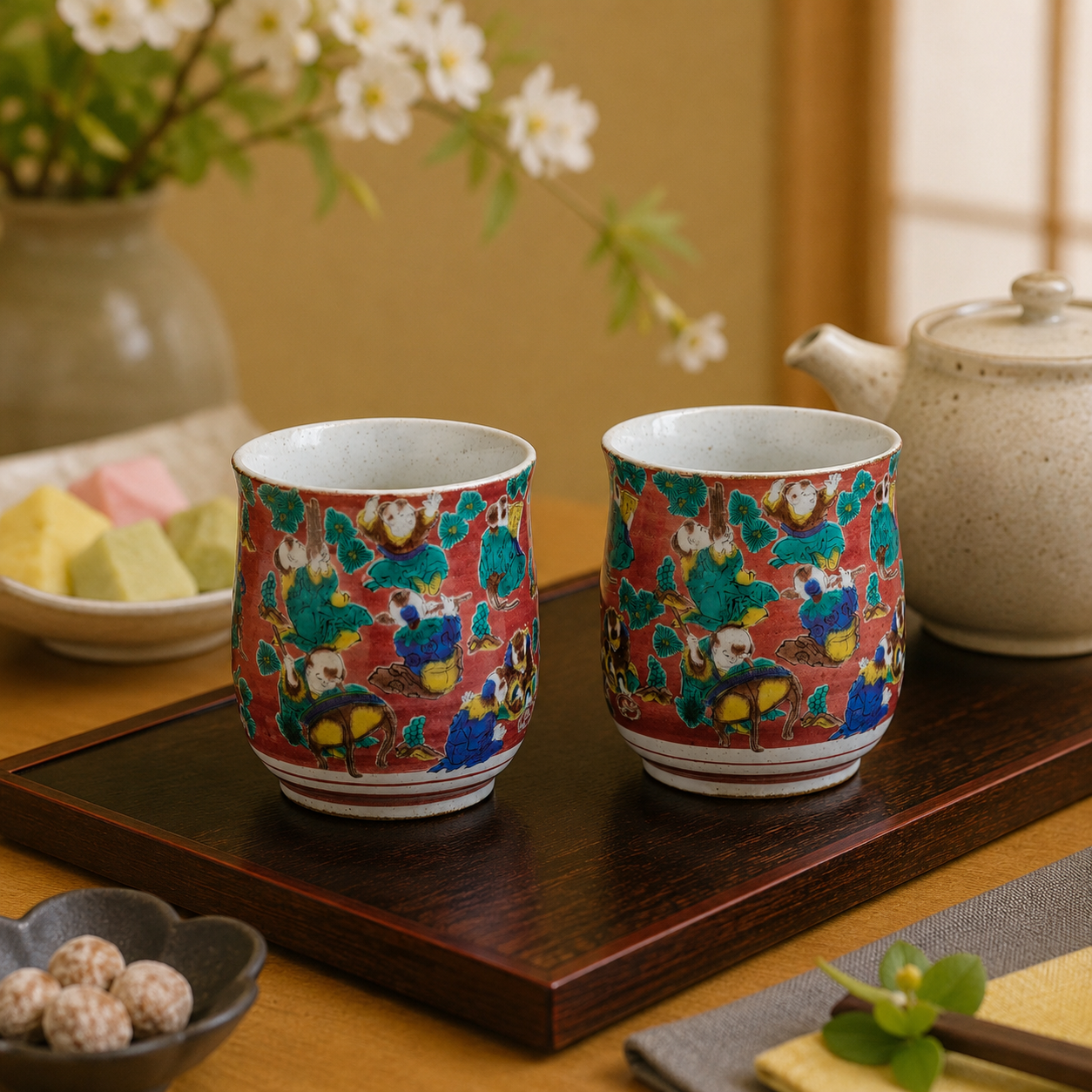 KUTANI WARE YUNOMI SET TEACUP MOKUBEI