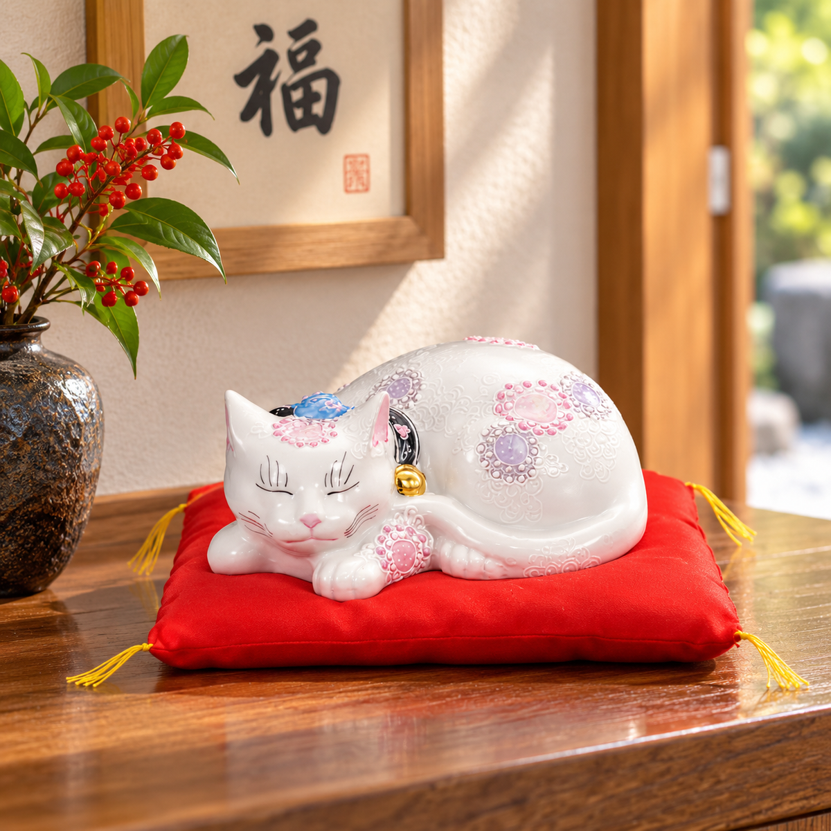 JAPANESE KUTANI PORCELAIN SLEEPING CAT – “HANA-MURASAKI” WITH FUTON