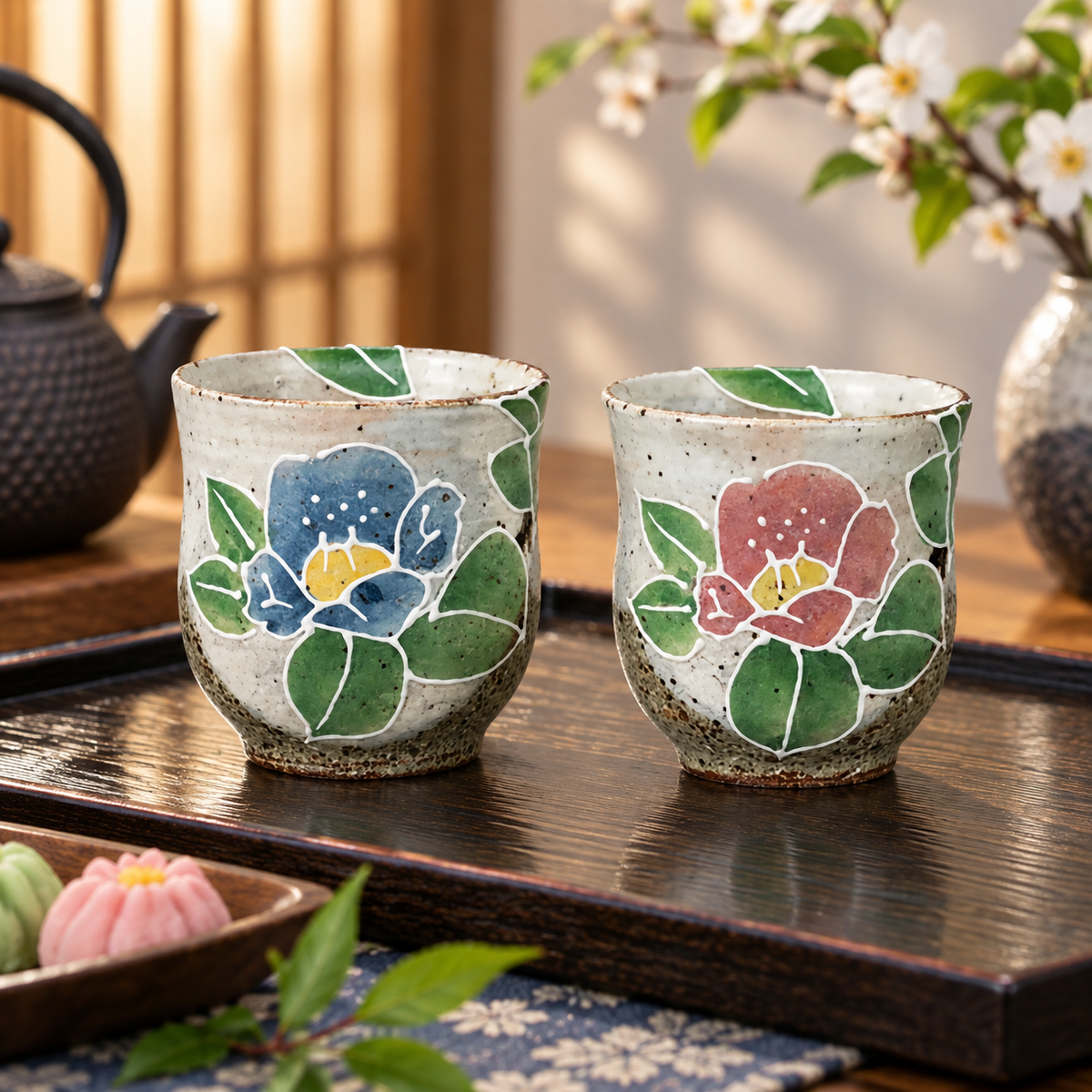 KUTANI WARE YUNOMI SET TEACUP (CAMELLIA) / SHIHO AIKAWA