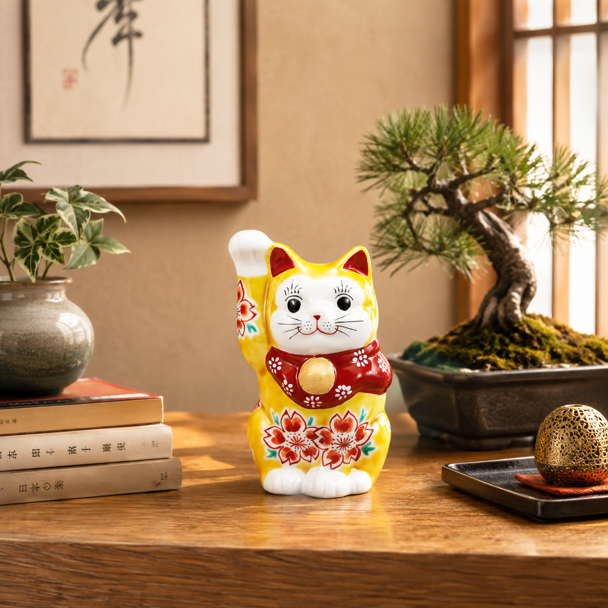 KUTANI WARE MANEKI NEKO YELLOW GLAZE WITH SAKURA (CHERRY BLOSSOM)