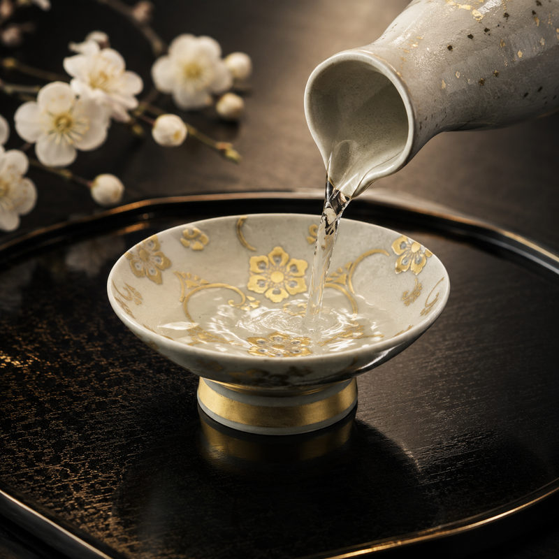 KUTANI WARE SAKAZUKI – WHITE AOCHIBU WITH RAISED GOLD HŌSŌGE ARABESQUE / KINGYOKU NAKATA