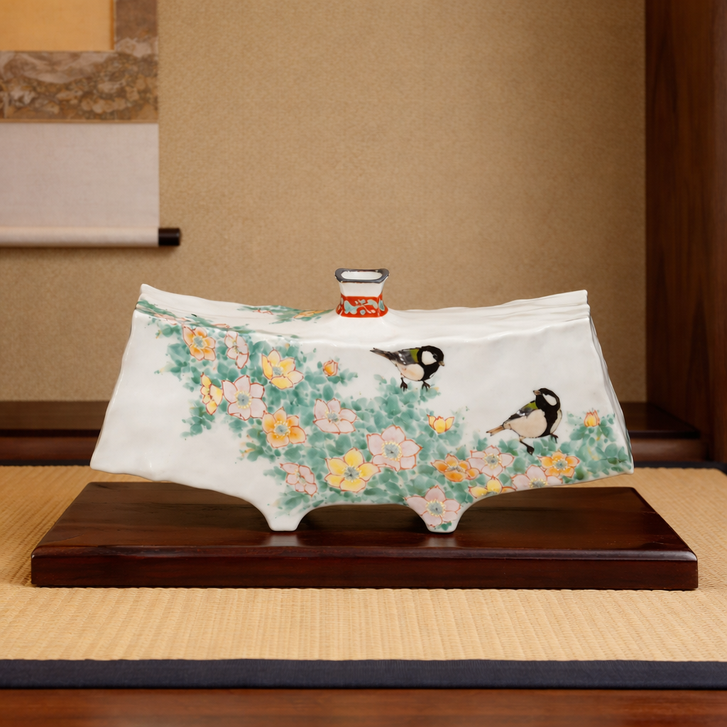 JAPANESE FLOWER VASE KUTANI ROSE WITH JAPANESE TIT/TOSHITO NAKAMURA