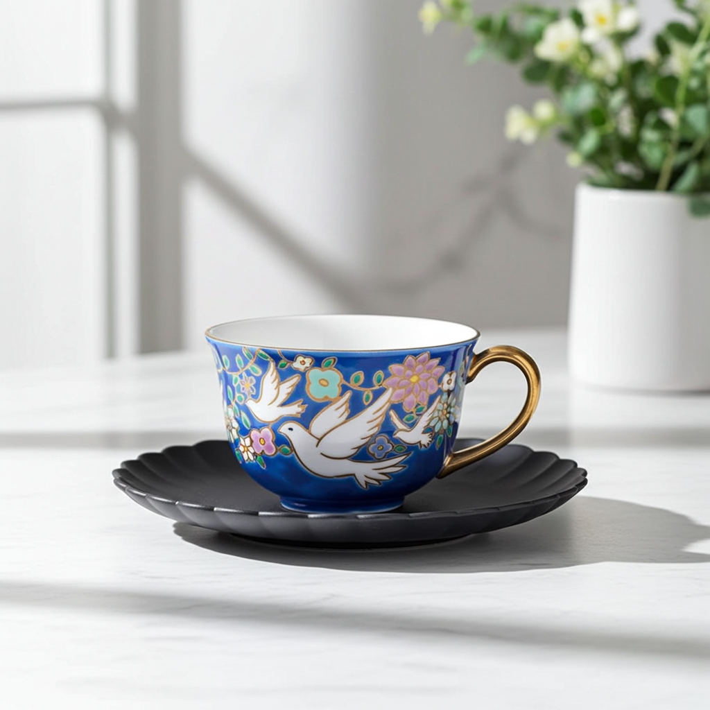 KUTANI WARE CUP & SAUCER WHITE PIGEON
