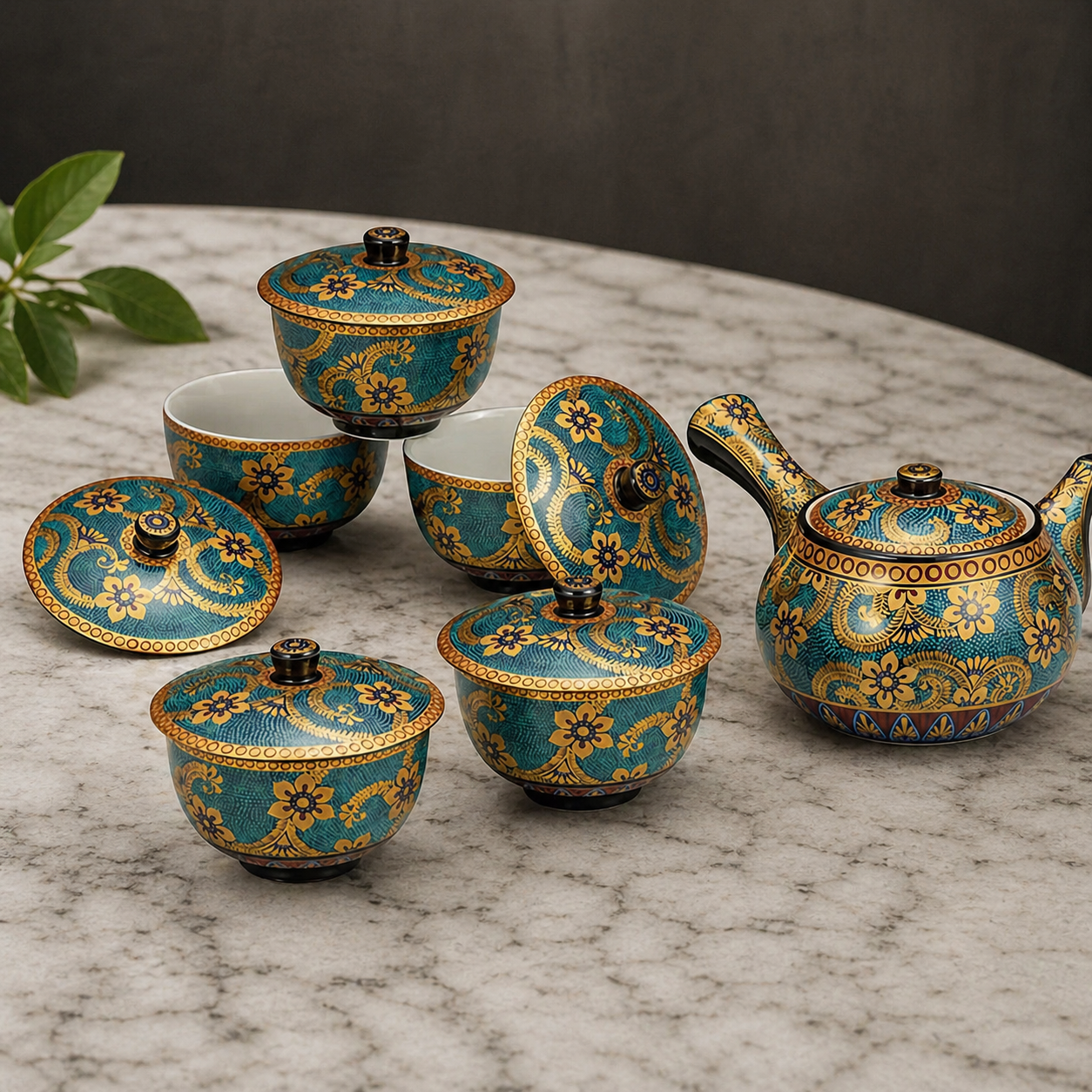 KUTANI WARE TEA SET WITH LID AOCHIBU KIN KARAKUSA