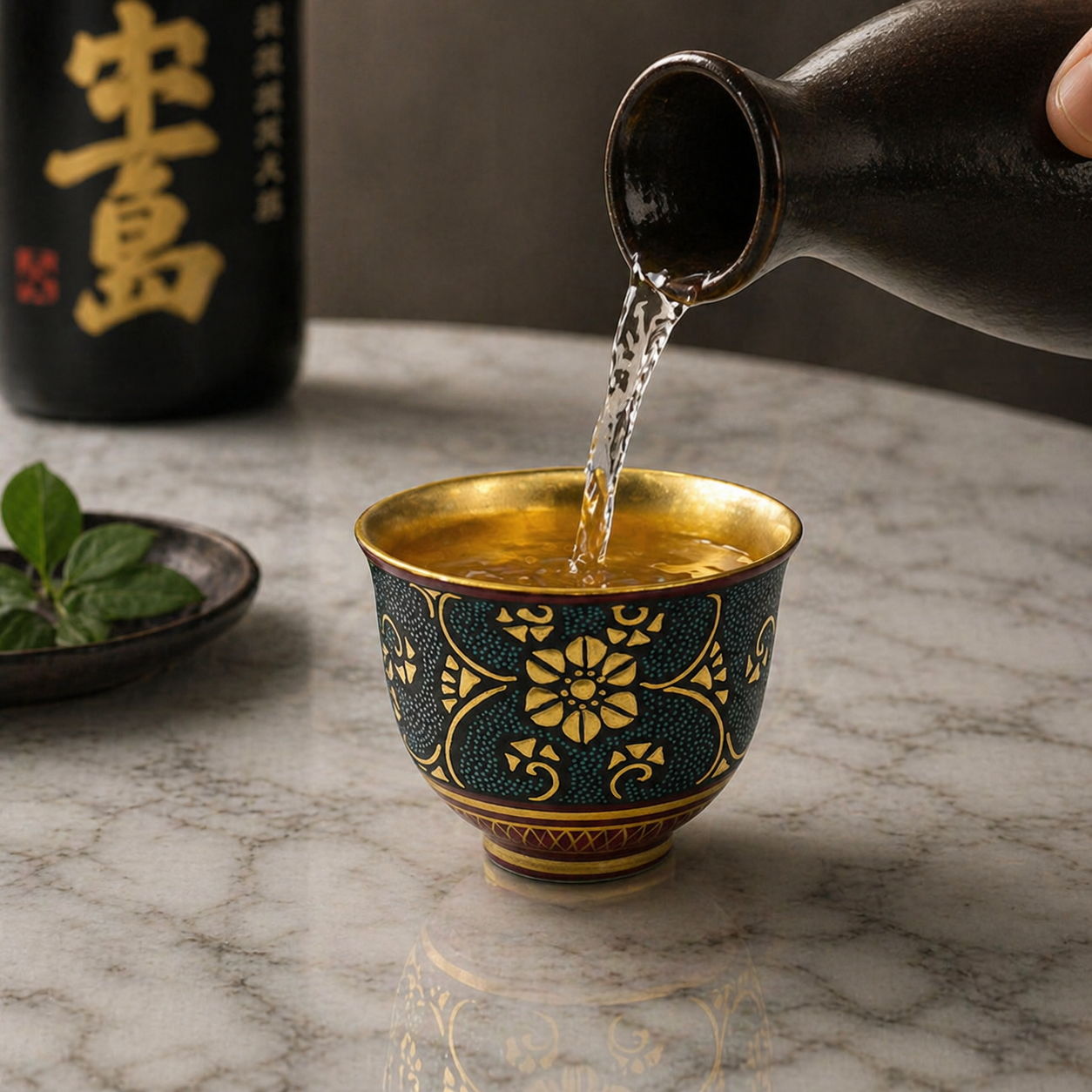 KUTANI WARE GUINOMI – BLUE DOTS WITH GOLD IRON ARABESQUE AND INNER GOLD DECORATION BY KINGYOKU NAKATA