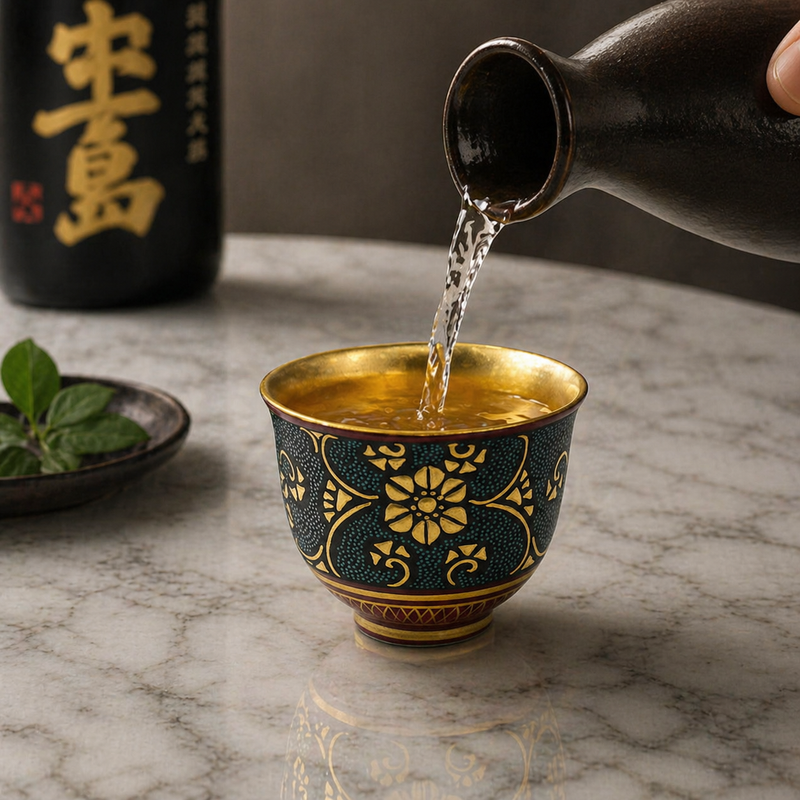 KUTANI WARE GUINOMI – BLUE DOTS WITH GOLD IRON ARABESQUE AND INNER GOLD DECORATION BY KINGYOKU NAKATA