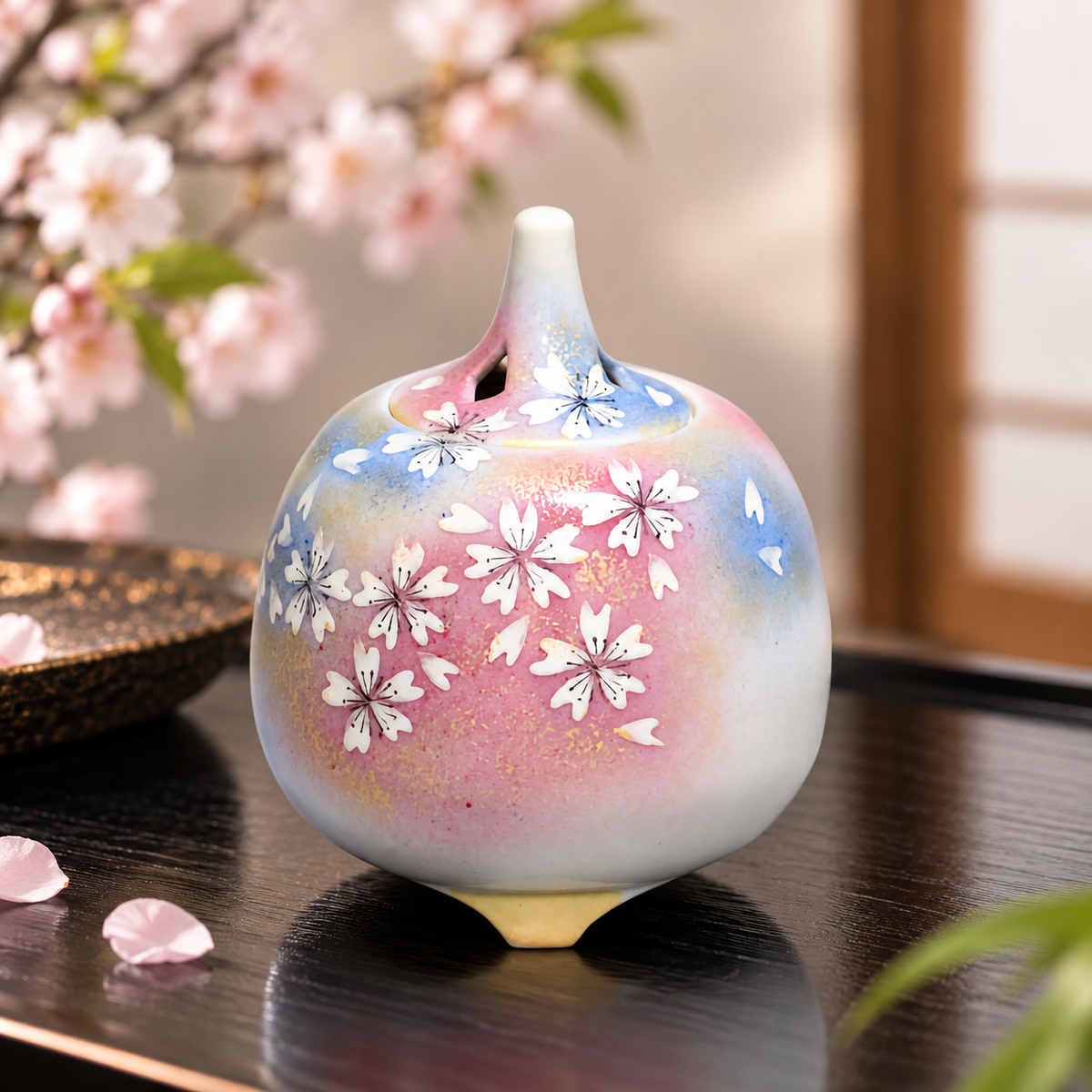 JAPANESE KUTANI WARE INCENSE BURNER FLOWER DANCE