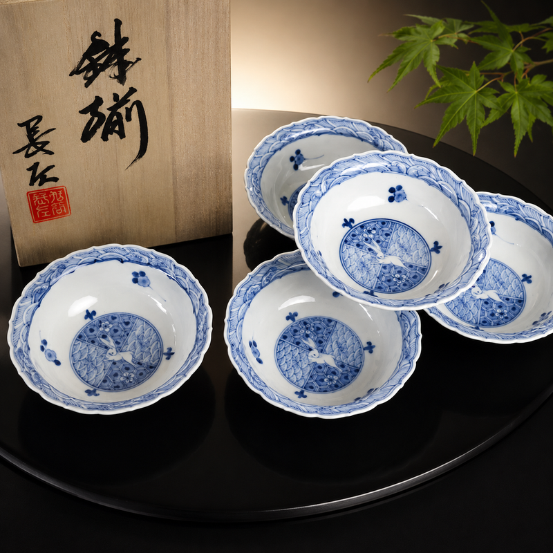 [IMPERIAL HOUSEHOLD PURVEYOR KILN] KUTANI WARE SMALL BOWL SET – SEIKA BLUE AND WHITE RABBIT DESIGN / CHOZA YAMAMOTO