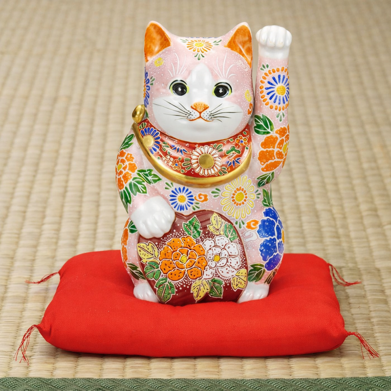 KUTANI JAPANESE LUCKY CAT (MANEKI NEKO) HOLDING A KOBAN COIN WITH PINK DECORATION