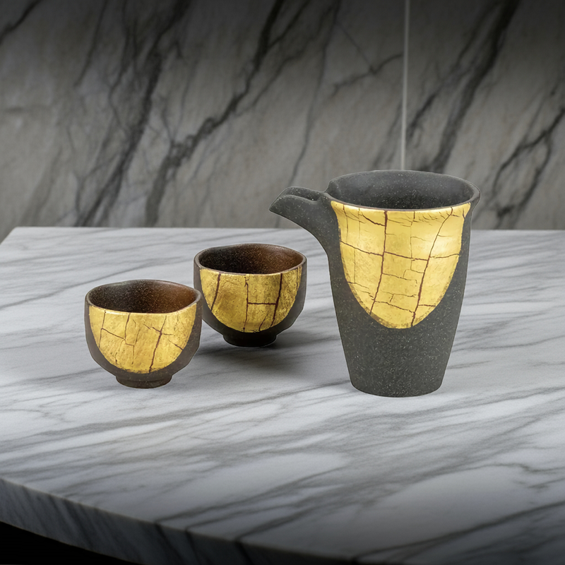 KUTANI WARE SAKE SET GOLD LEAF DECORATION