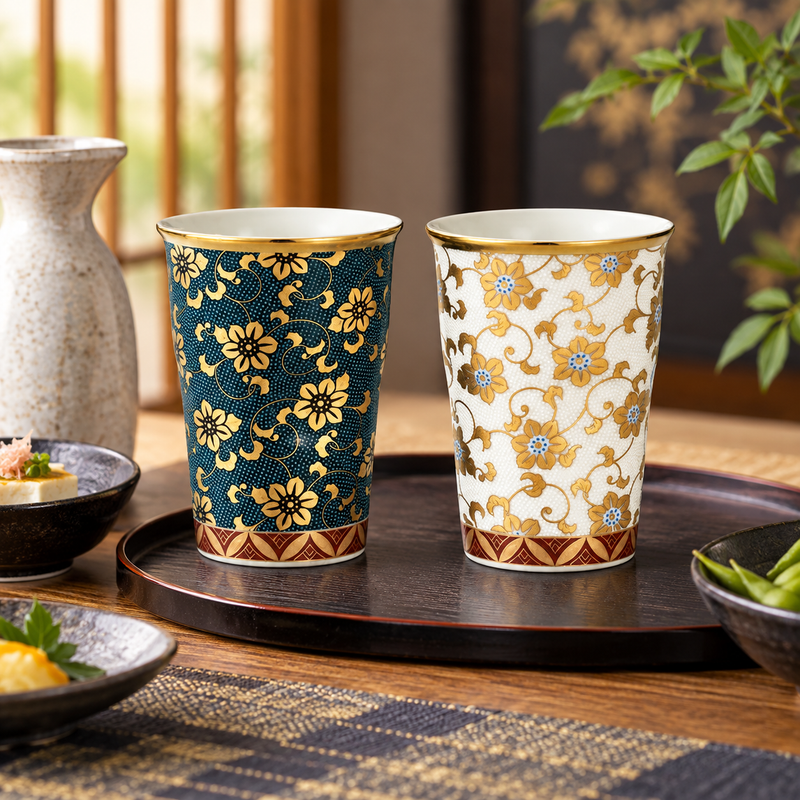 KUTANI WARE PAIR OF FREE CUPS TESEEN KARAKUSA