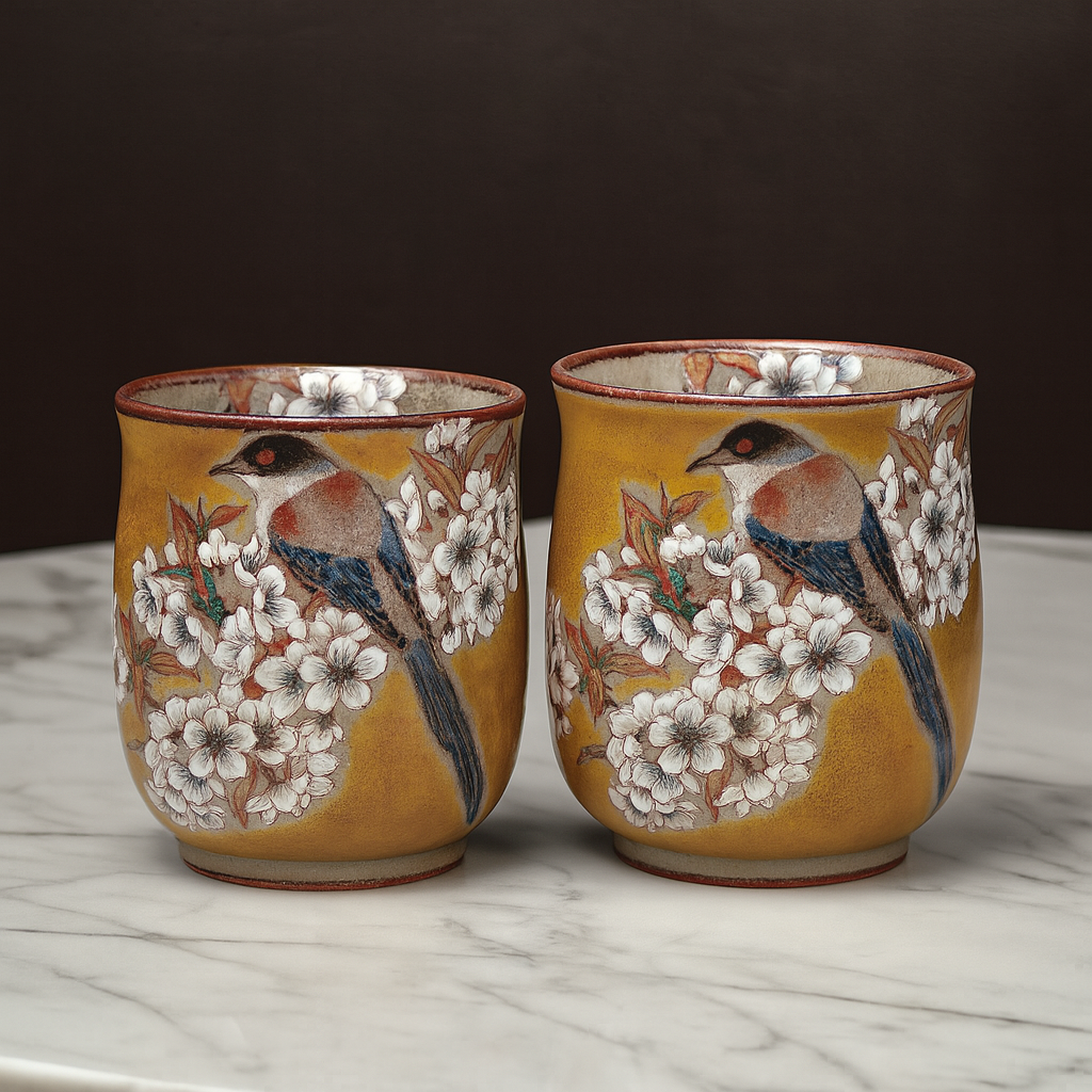 KUTANI JAPANESE YUNOMI SET YOSHIDAYA WILD CHERRY BLOSSOMS WITH BIRD / BIZAN KILN