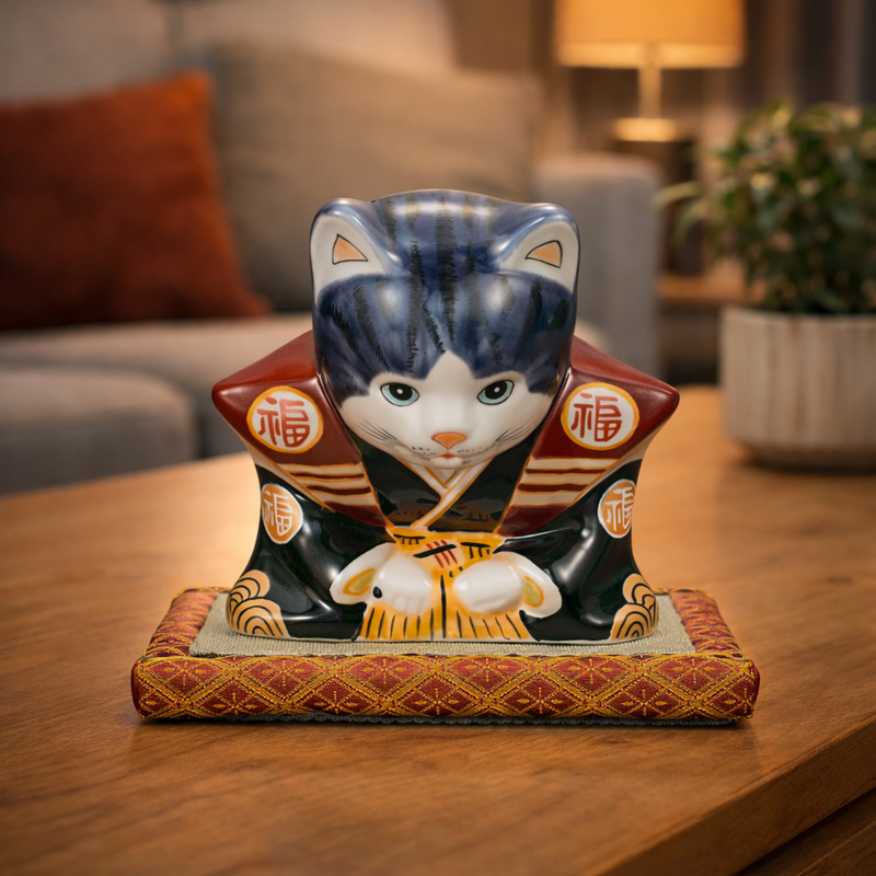 KUTANI WARE FUKUSUKE BOWING CAT – PURPLE GLAZED LUCKY CAT