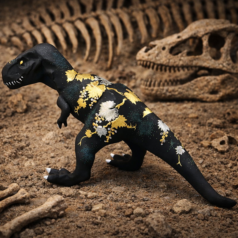 KUTANI WARE FIGURINE TYRANNOSAURUS SHIROGANEMORI GRAPE DESIGN AOCHIBU BY KINGYOKU NAKADA