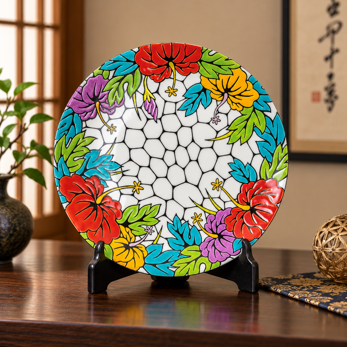 KUTANI WARE DECORATIVE PLATE AYA HIBISCUS / TAKAYUKI HASEGAWA