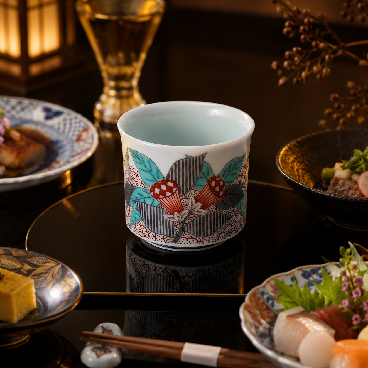 ARITA WARE “INK-BLACK SUMI HAJIKI ZUIKA DESIGN GUINOMI” – CREATED BY THE 14TH IMAEMON | JAPANESE PORCELAIN SAKE CUP