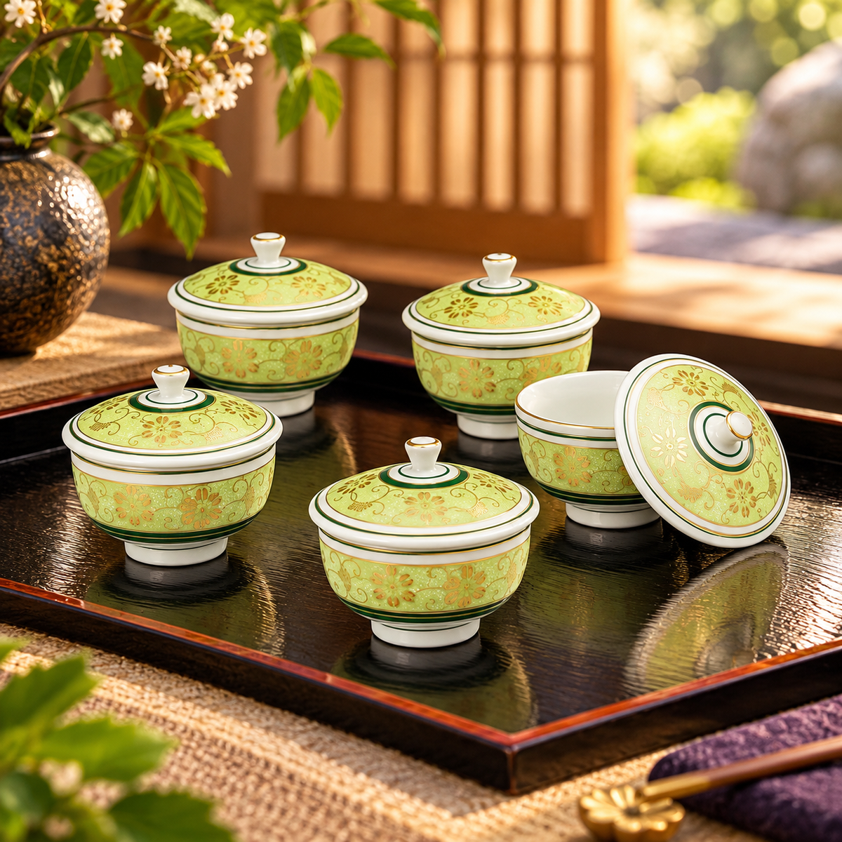 KUTANI WARE  LIDDED KUMIDASHI TEA CUP SET – SHIROCHIBU TESSEN GREEN