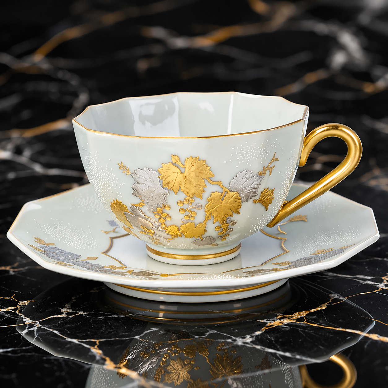 KUTANI WARE DODECAGONAL COFFEE CUP & SAUCER – SHIROGANE MORI GRAPE & ROSE DESIGN WITH WHITE DOT (SHIROCHIBU) BY KINGYOKU NAKADA