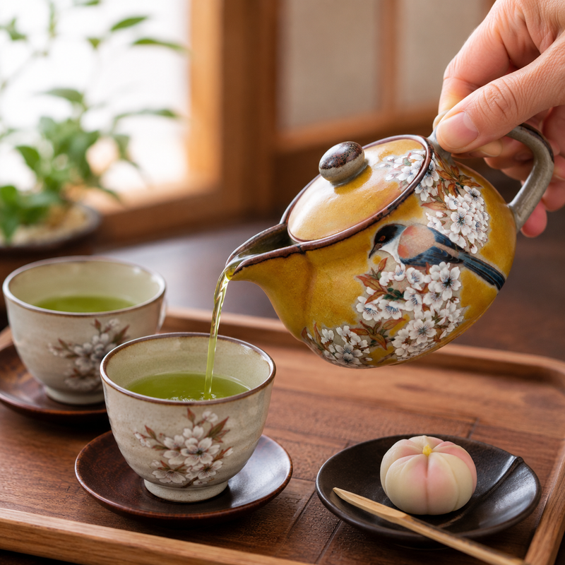 KUTANI JAPANESE TEA POT “YOSHIDAYA MOUNTAIN CHERRY BLOSSOMS AND BIRD” / BIZAN GAMMA