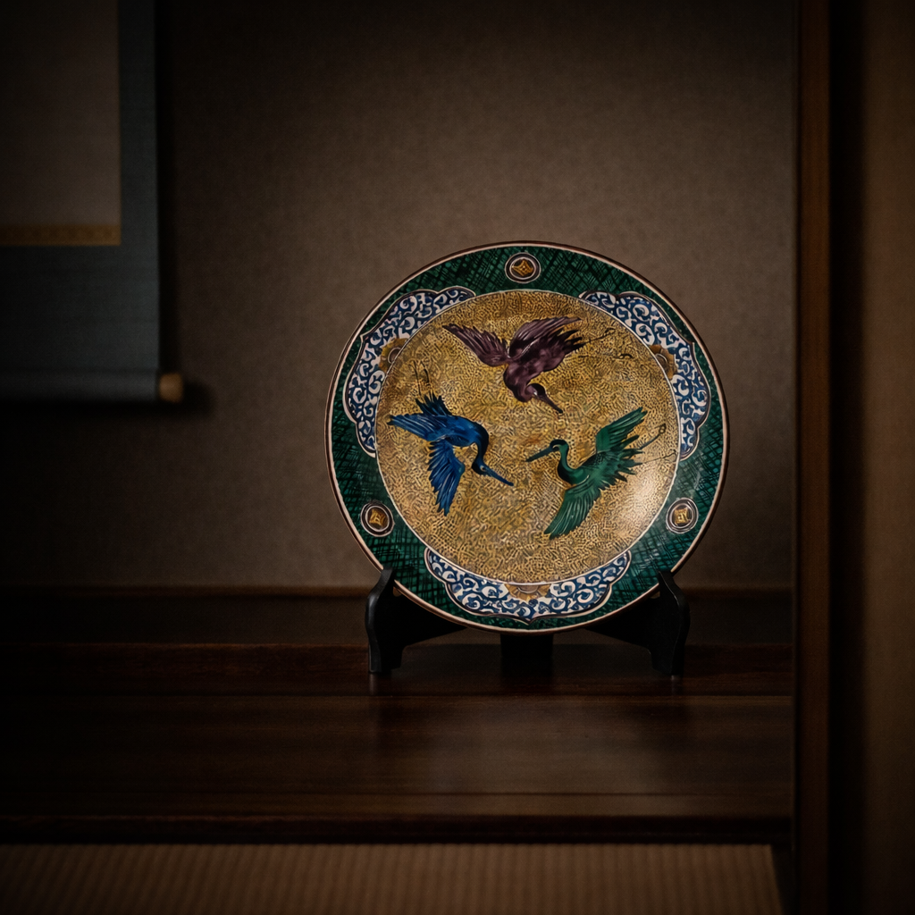 KUTANI JAPANESE DECORATIVE PLATE  YOSHIDAYA CRANE DESIGN
