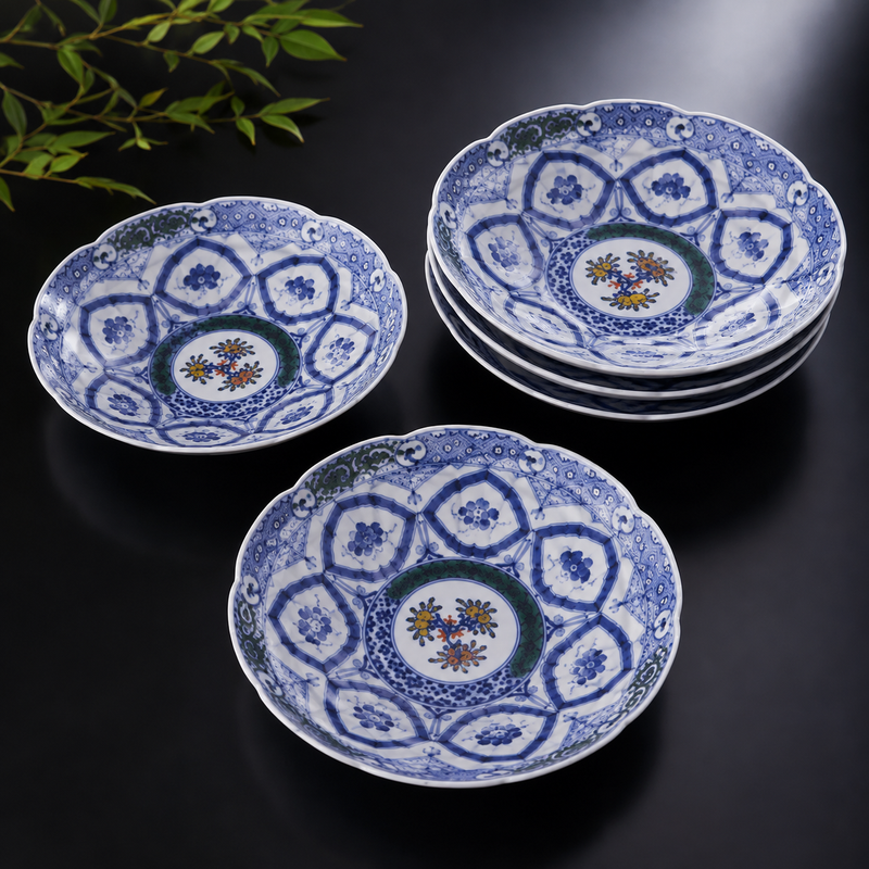 [IMPERIAL HOUSEHOLD PURVEYOR] KUTANI WARE CHRYSANTHEMUM-SHAPED MEDIUM PLATE SET – IROE WARITORI SHONZUI / CHOZA YAMAMOTO