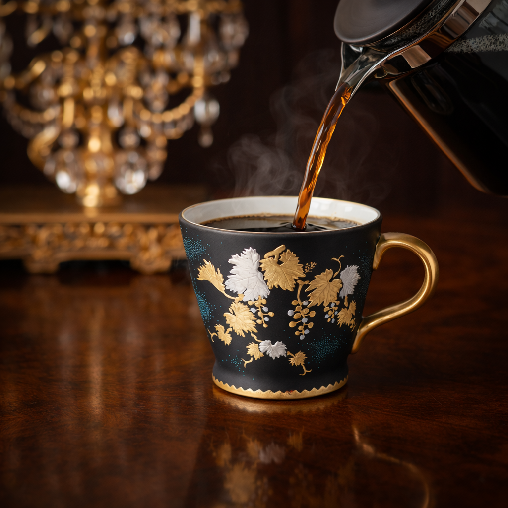 KUTANI WARE HANDLE CUP – SHIROGANE MORI GRAPE DESIGN WITH AOCHIBU BLUE DOTS BY KINGYOKU NAKADA