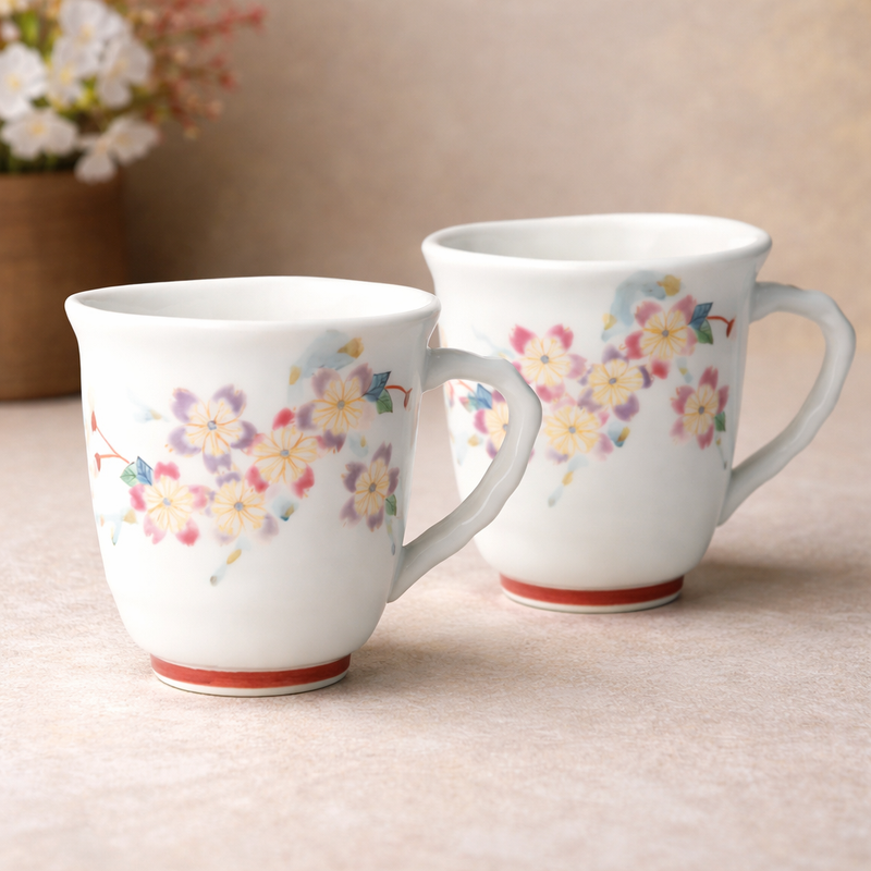 KUTANI WARE PAIR MUG SET “WA-SAKURA” / TAISHI KILN (GIFT BOX INCLUDED)