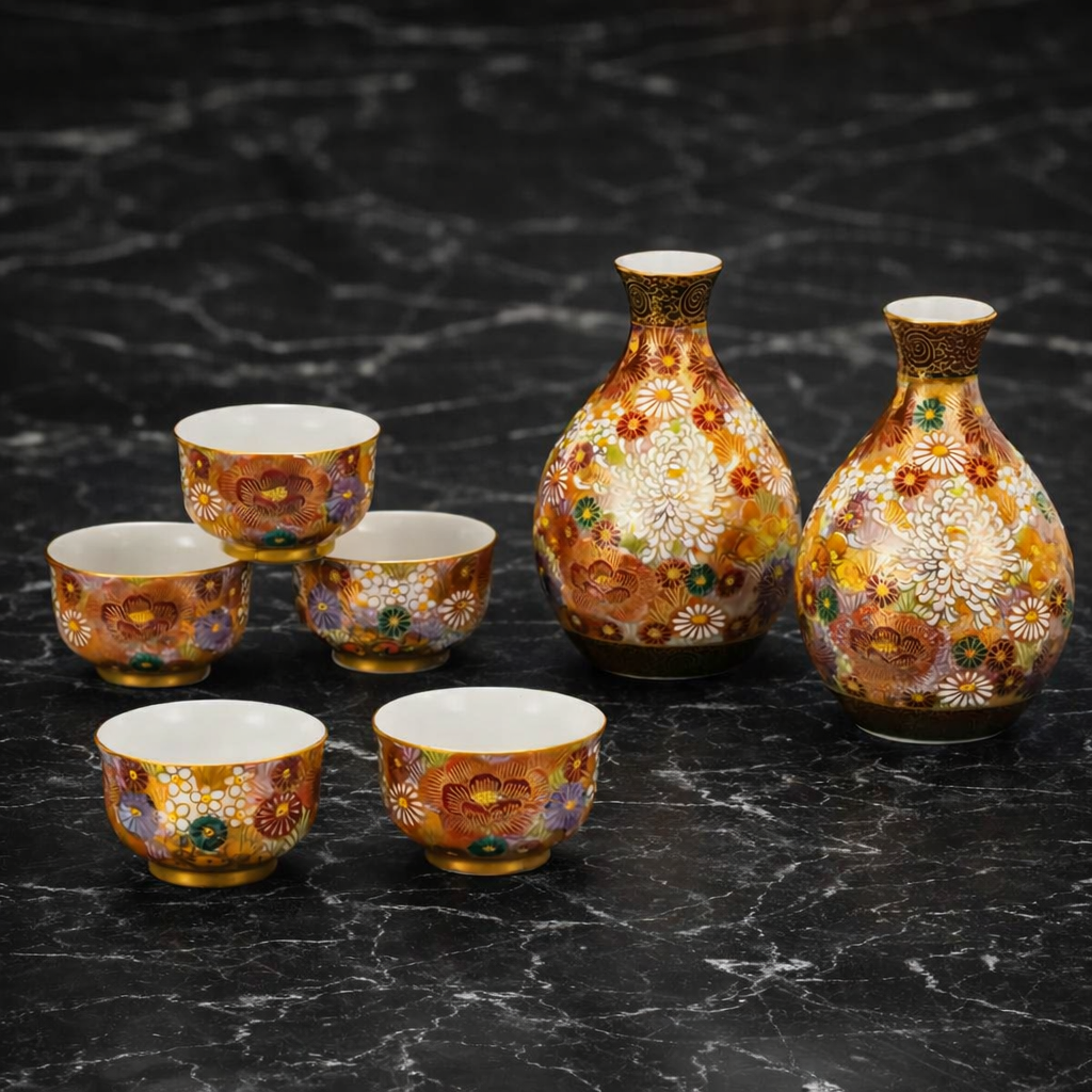 KUTANI WARE EVENING SAKE SET - GOLD HANAZUME GOLD FLORAL DESIGN,