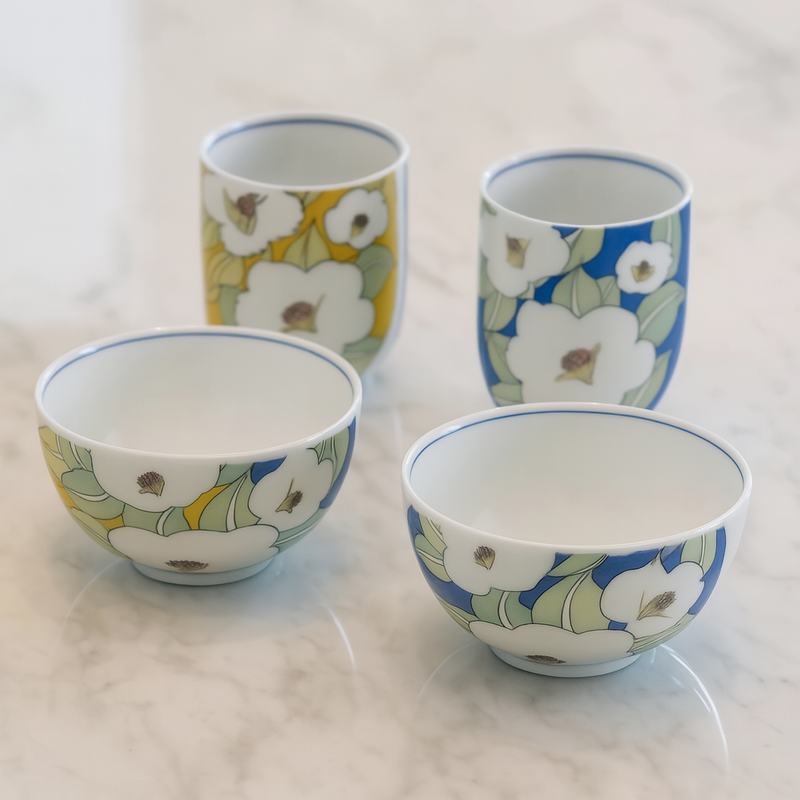 JAPANESE PAIR RICE BOWL SET KUTANI COLOR-GLAZED CAMELLIA