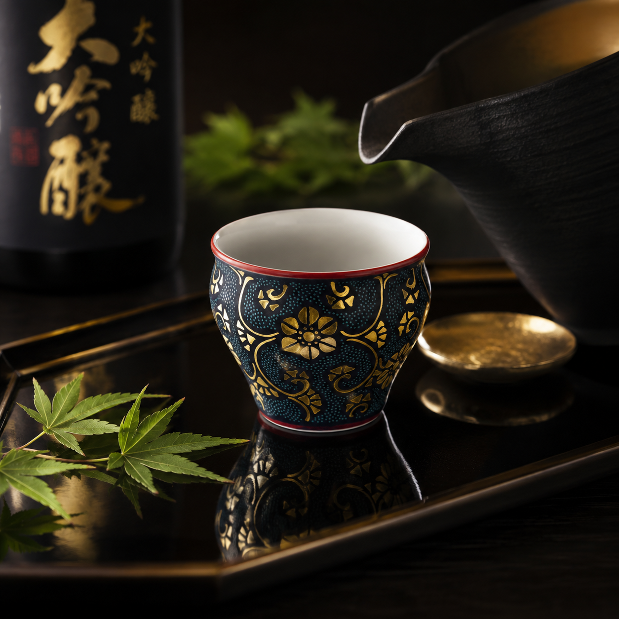 KUTANI WARE GUINOMI – BLUE AOCHIBU WITH GOLD TESSEN ARABESQUE AND “MOON WITH CHERRY BLOSSOMS” DESIGN / KINGYOKU NAKATA