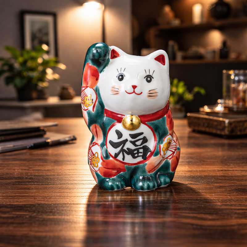 KUTANI WARE LUCKY CAT(MANEKI NEKO) YUSAI TUBAKI( RIGHT HAND)/KOKUZOU KLIN